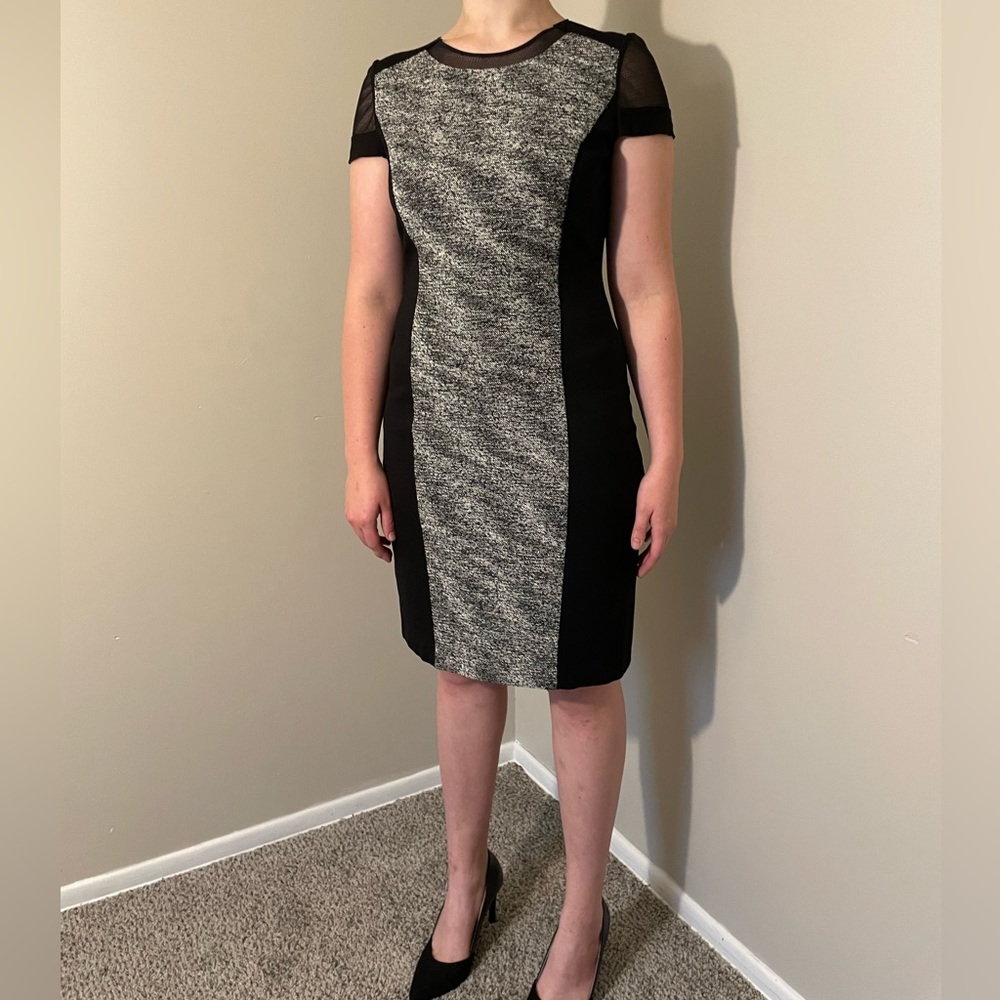 Elie Tahari Black & White Textured Panel Design w/ Mesh Sleeve Size 10